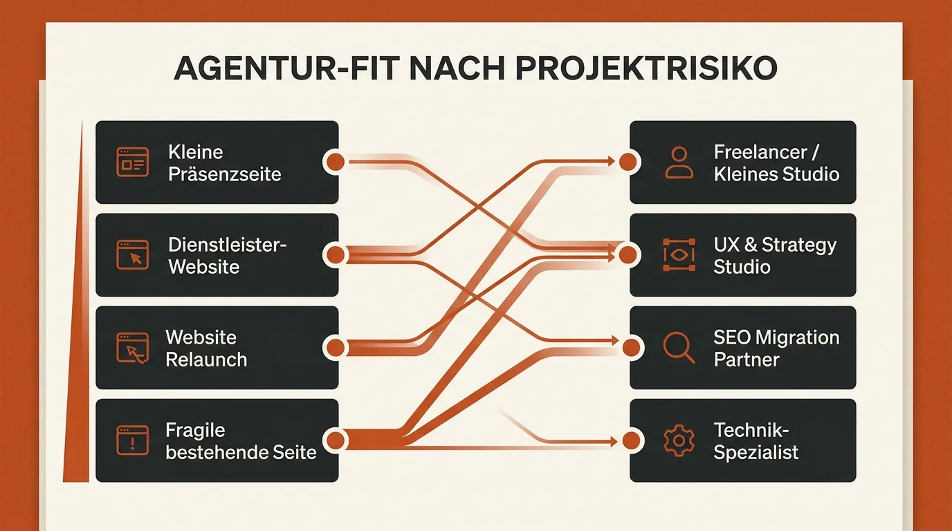 Agentur-Fit-Matrix für Website-Projekte nach Projektrisiko, Partnerprofil und wichtigem Prüfpunkt