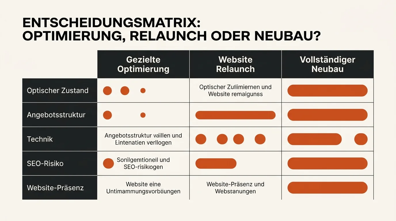 Entscheidungsmatrix für Optimierung, Relaunch oder Neubau einer Unternehmenswebsite nach technischem Zustand, Struktur und SEO-Risiko