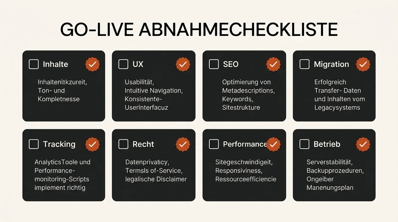 Go-live-Checkliste für die Abnahme einer professionellen Website mit Inhalt, UX, SEO, Migration, Tracking, Recht, Performance und Betrieb