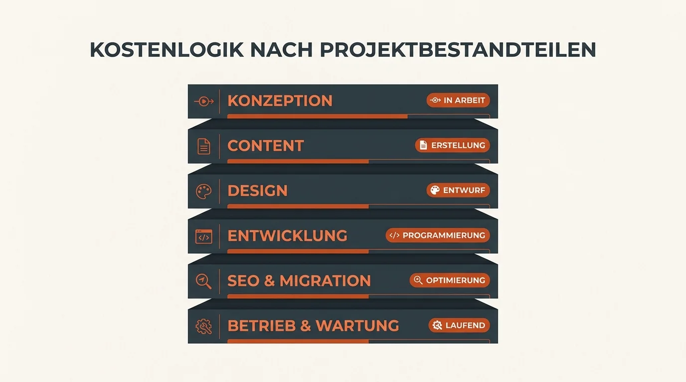 Kostenmodell für Website-Projekte mit Konzeption, Content, Design, Entwicklung, SEO und Betrieb als zentrale Budgettreiber