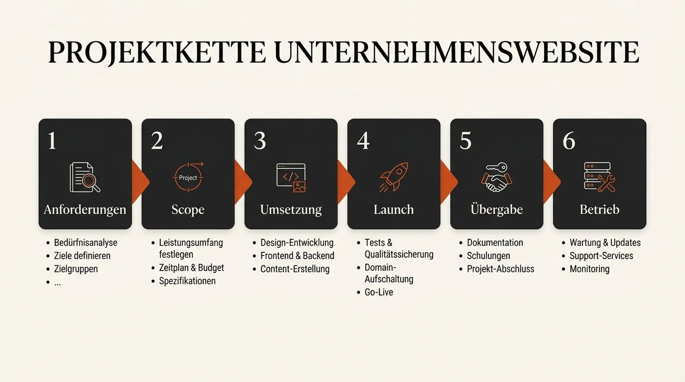 Projektübersicht für eine professionelle Unternehmenswebsite mit Anforderungen, Leistungsumfang, Launch, Übergabe und Betrieb.