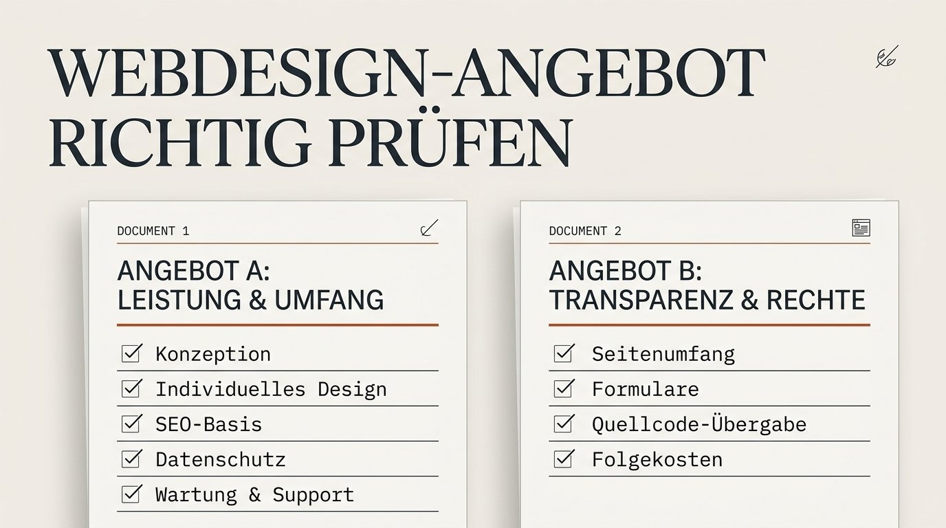 Zwei Webdesign-Angebote werden anhand von Leistungsumfang, Zuständigkeiten und Folgekosten verglichen.