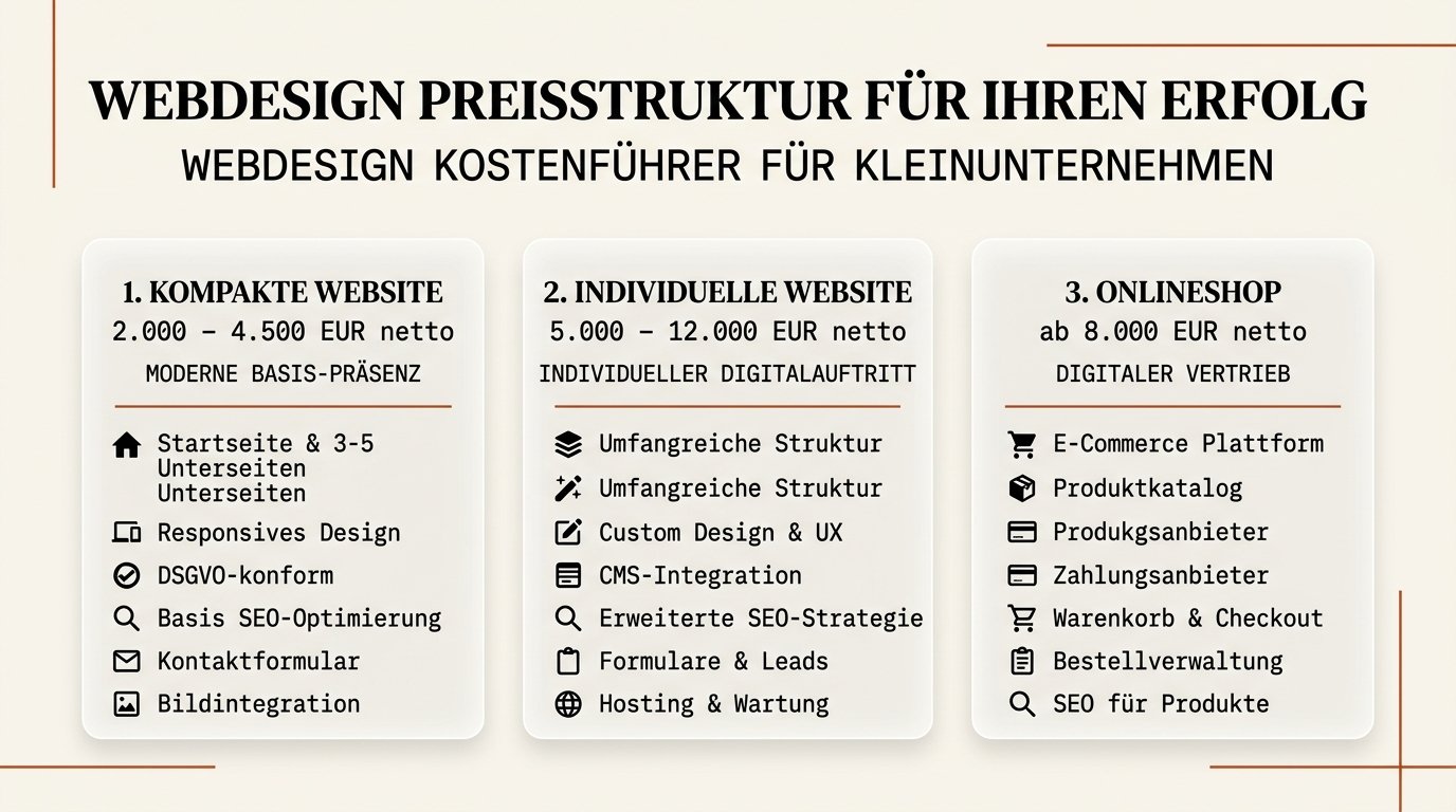 Vergleich von drei Website-Typen mit Budgetkorridoren und den wichtigsten Kostentreibern.